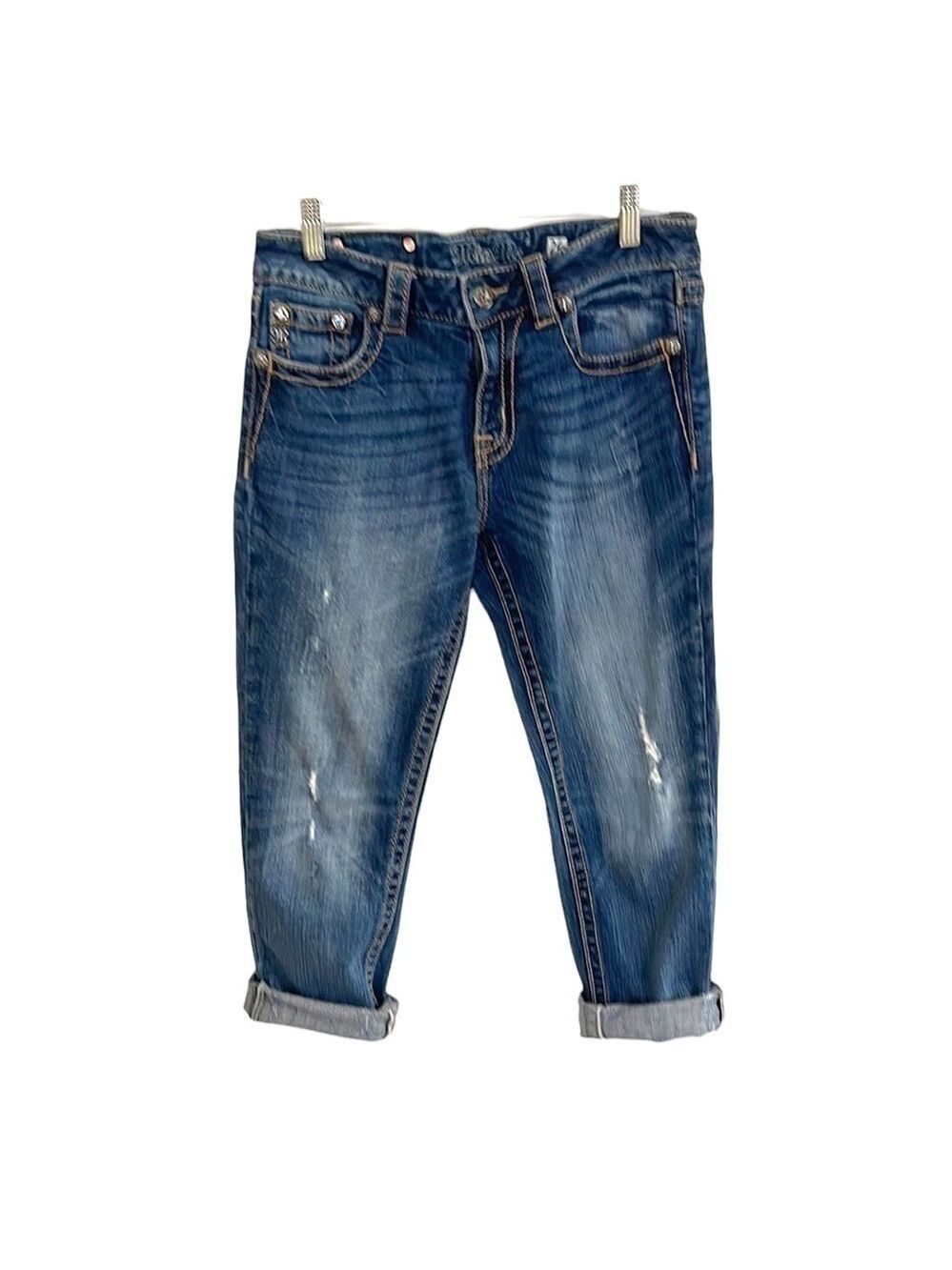 Miss Me Boyfriend Cuffed Capri Rhinestone Stud Jeans SZ 26